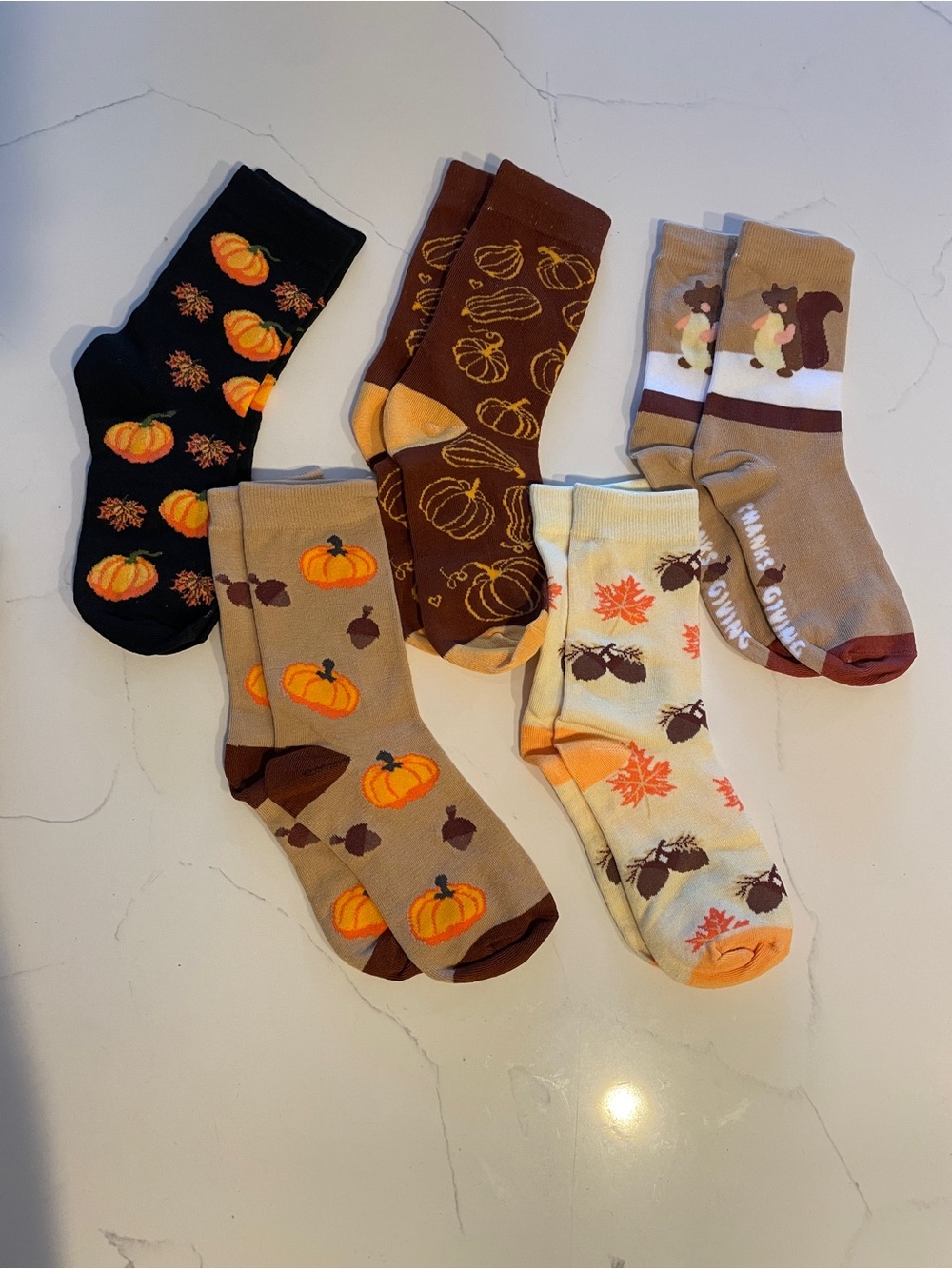 Autumn Pumpkin & Thanksgiving Crew Socks - Pack of 5 - Tan, Brown, Black, Cream - Picture 6 of 6